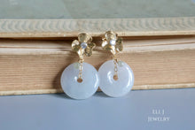 Load image into Gallery viewer, Type A Burmese White Jadeite Donuts, Genuine Silver Diamond Drops 14KGF Earrings