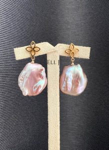 Large Pink-Rainbow Flat Baroque Fleur de Lis Earring Studs