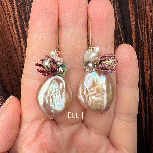 Large Flat Peach-Pink Pearls, Vtg Flowers & Pearls 14kGF Earrings