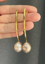 Load image into Gallery viewer, Large Rainbow Pink-Peach Pearls Long Gold Earrings