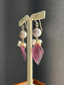 Vintage Pink Glass Leaves, Pearls 14kGF Earrings