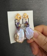 Load image into Gallery viewer, Purple-Champagne Large Keshi Pearls, Gemstones Earrings 14KGF