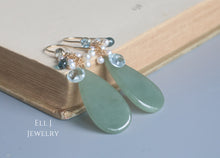Load image into Gallery viewer, [EXCLUSIVE] Type A Burmese Deep Green Flat Teardrops, London Blue Topaz, Pearls 14KGF Earrings