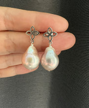 Load image into Gallery viewer, Rainbow Soft Pink Freshwater Pearl Fleur de Lis Earrings