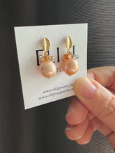 Load image into Gallery viewer, Peach Pearls, Gemstones Gold Leaf Earring Studs