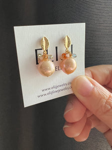 Peach Pearls, Gemstones Gold Leaf Earring Studs
