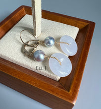 Load image into Gallery viewer, Type A Burmese Lavender Jade, Silver-Blue Japanese Akoya Pearls 14KGF Earrings