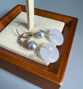 Type A Burmese Lavender Jade, Silver-Blue Japanese Akoya Pearls 14KGF Earrings
