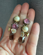 Load image into Gallery viewer, Vintage Pink Rhinestone &amp; Faux Pearl Links, Smoky Quartz, Keshi Pearls 14kGF Earrings