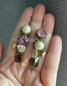 Vintage Pink Rhinestone & Faux Pearl Links, Smoky Quartz, Keshi Pearls 14kGF Earrings