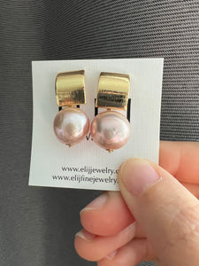 Large Pink Edison Pearls, Modern Curved Stud Earrings