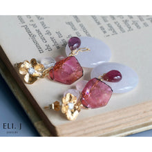 Load image into Gallery viewer, [One of A Kind] Large Lavender Type A Burmese Jade, Watermelon Tourmaline Slices, Gemstone Earrings