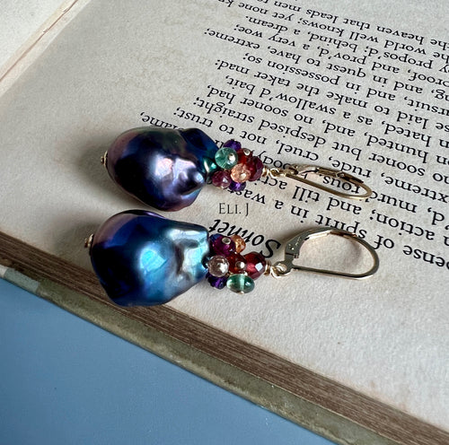 Peacock Baroque Pearls with Rainbow Gems 14KGF Earrings