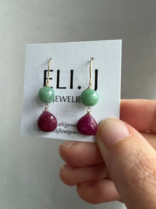 Apple Green Jade Balls, Rubies 14KGF Earrings