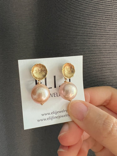 Large Pink Edison Pearls, Lotus Stud Earrings