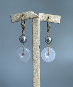 Type A Burmese Lavender Jade, Silver-Blue Japanese Akoya Pearls 14KGF Earrings