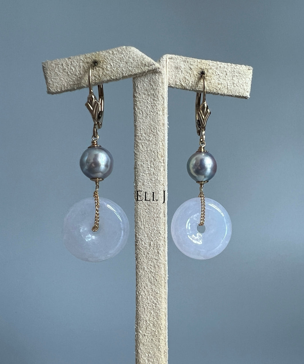 Type A Burmese Lavender Jade, Silver-Blue Japanese Akoya Pearls 14KGF Earrings