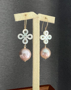 Large Deep Pink-Bronze Roundish Edison Pearls, MOP Knots 14kGF Earrings