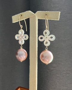 Large Deep Pink-Bronze Roundish Edison Pearls, MOP Knots 14kGF Earrings