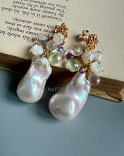 Load image into Gallery viewer, Large Ivory-Pink Baroque Pearls, MOP Roses, Rose Quartz 14KGF Earrings