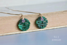Load image into Gallery viewer, (EXCLUSIVE) Type A Burmese Dark Green Jadeite 喜喜 Double Happiness, Pink Sapphire 14KGF Threader Earrings