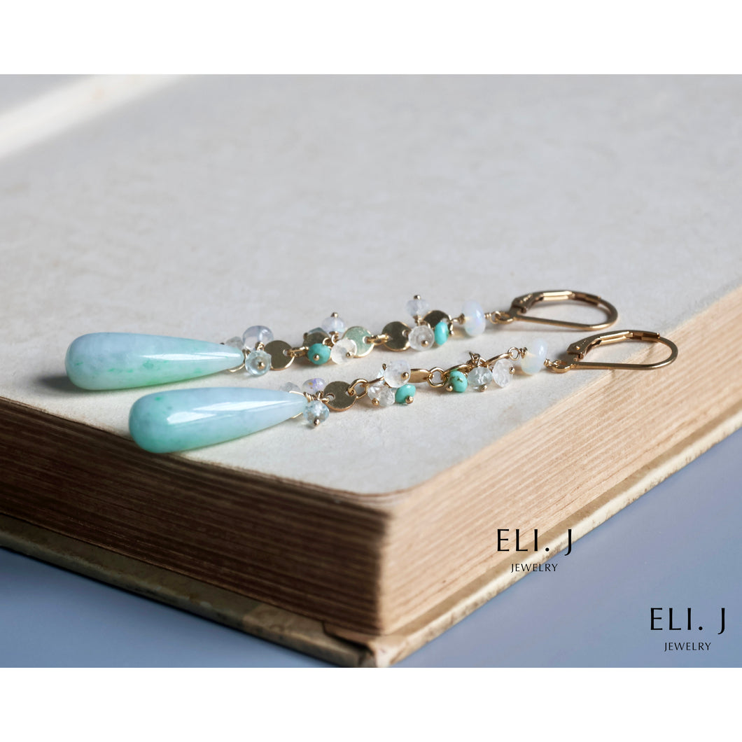 [Signature] Mint Green Type A Burmese Jade Drops, Opal, Gemstone Earrings