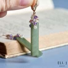 Load image into Gallery viewer, [Signature] Olive Type A Burmese Jade Bars, 1.06ct total Genuine Silver Diamond Drops, Gemstone Earrings