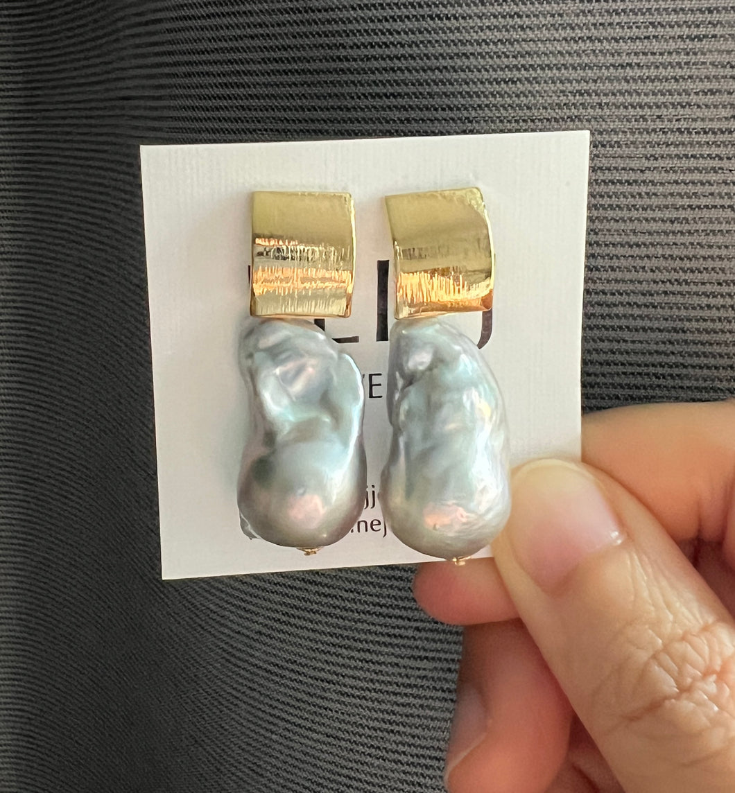 Large Silver Baroque Pearl Earrings 14KGF