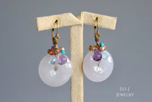 Load image into Gallery viewer, Large Type A Burmese Lavender Jadeite Donuts with Gemstones 14KGF Earrings