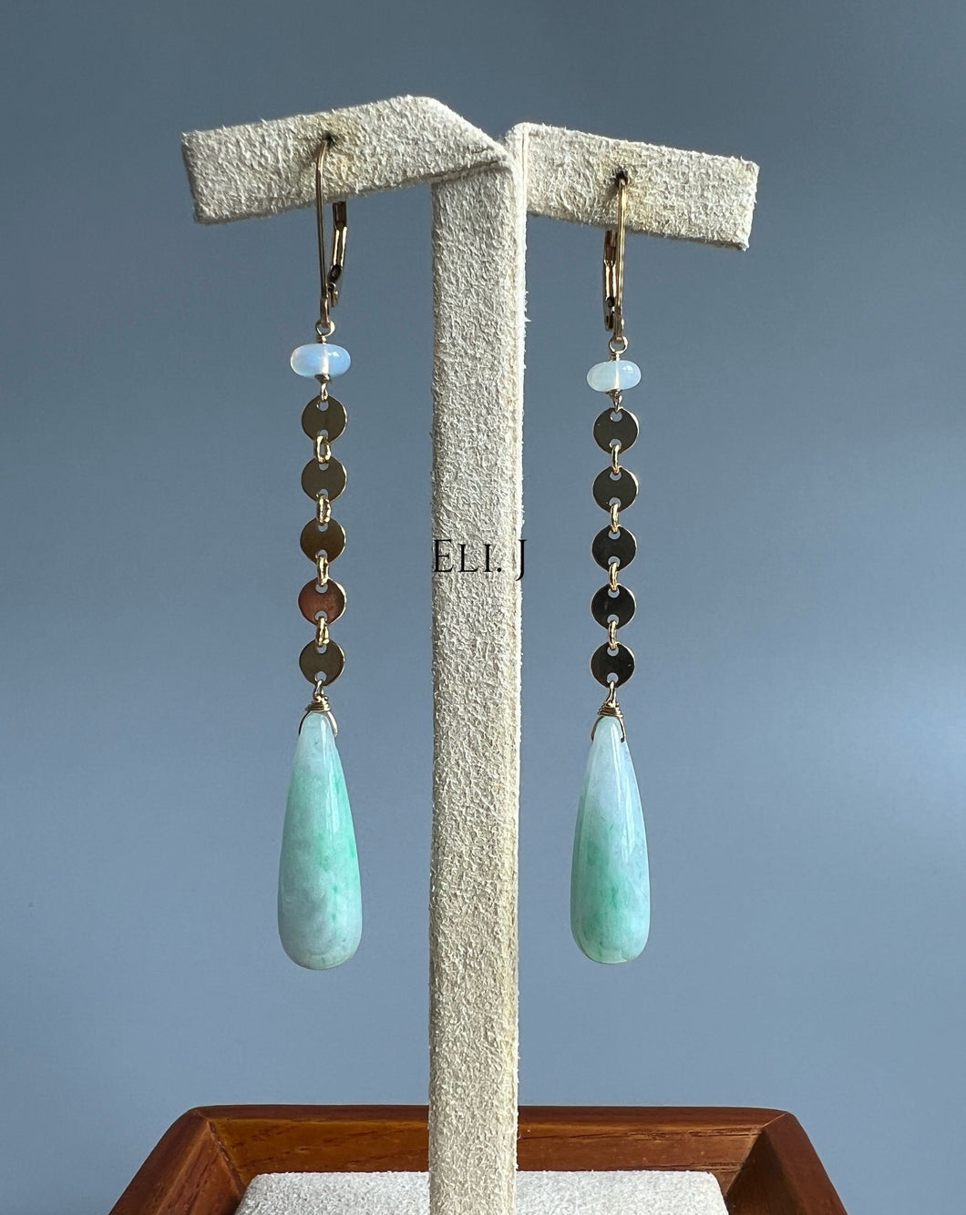 Type A Burmese Mint Green Jadeite Drops, Opal, 14KGF Earrings