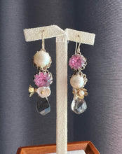 Load image into Gallery viewer, Vintage Pink Rhinestone &amp; Faux Pearl Links, Smoky Quartz, Keshi Pearls 14kGF Earrings