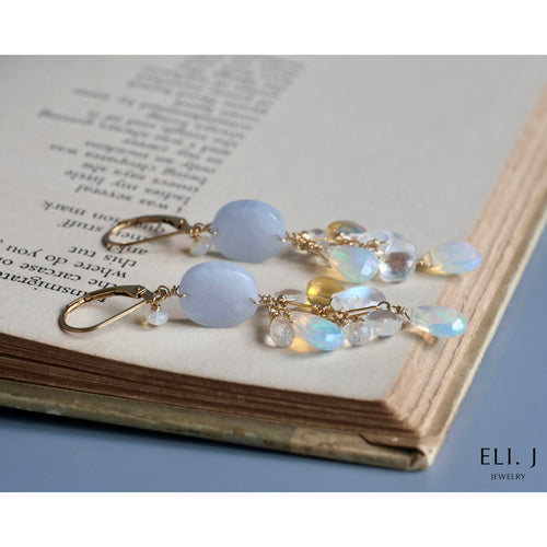 [One of A Kind, Rare] Lavender Type A Burmese Jade, Opal, Rainbow Moonstone Earrings