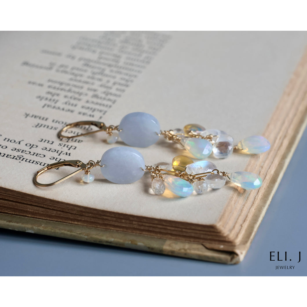 [One of A Kind, Rare] Lavender Type A Burmese Jade, Opal, Rainbow Moonstone Earrings