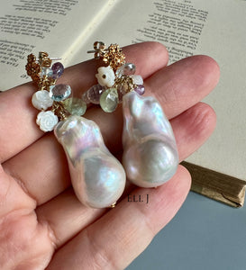 Large Ivory-Pink Baroque Pearls, MOP Roses, Rose Quartz 14KGF Earrings