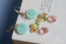 Load image into Gallery viewer, (EXCLUSIVE) Type A Burmese Mint Green Jadeite 喜喜 Double Happiness, Sunstone &amp; Gems 14KGF Earrings