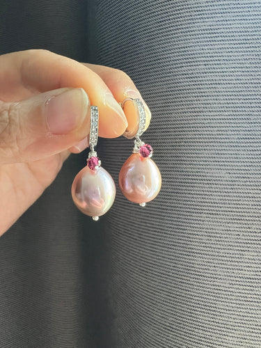 Pink Pearls Garnet Silver Hoop Earrings
