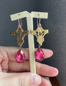 Vintage Art Deco Charms, Vtg Pink Glass Gems 14kGF Earrings