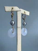 Load image into Gallery viewer, Type A Burmese Lavender Jade, Silver-Blue Japanese Akoya Pearls 14KGF Earrings