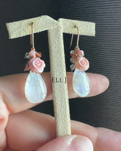 Load image into Gallery viewer, Rainbow Moonstone, Pink Shell Roses, Gems 14KRGF Earrings