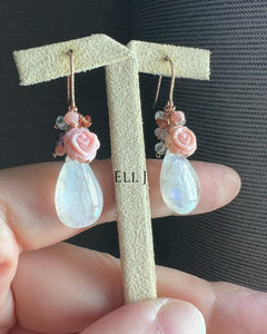 Rainbow Moonstone, Pink Shell Roses, Gems 14KRGF Earrings