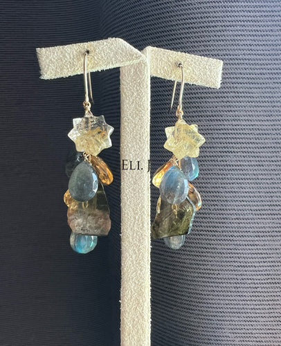 Golden Rutile Stars, Watermelon Tourmaline, Labradorite, Citrine 14KGF Earrings