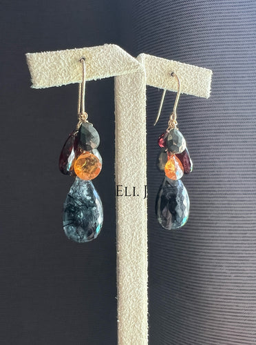 Black Rutile, Orange Garnet, Pyrite, Garnet 14KGF Earrings