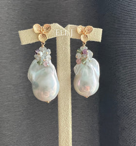 Ivory Baroque Pearls, Amethyst Gemstones 14kGF Earrings
