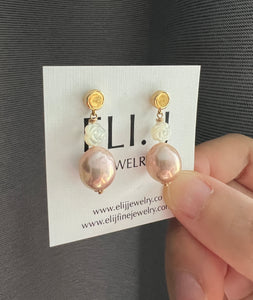Rainbow-Pink Gold Pearls, MOP Rose, Gold Earring Studs