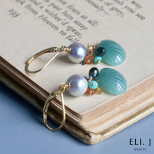Load image into Gallery viewer, Teal Jadeite Shells, Japanese Akoya Pearls, Sapphire &amp; Gemstone Earrings