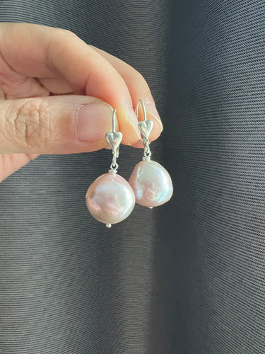Large Sweet Pink Pearls 925 Silver Heart Earrings