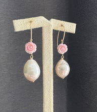 Load image into Gallery viewer, Light Champagne Edison Pearls, Pink Conch Shell Roses, 14kGF Earrings