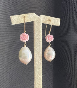 Light Champagne Edison Pearls, Pink Conch Shell Roses, 14kGF Earrings