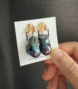 Peacock Black Baroque Pearl Earrings 14KGF