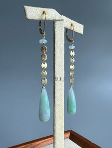 Type A Burmese Mint Green Jadeite Drops, Opal, 14KGF Earrings